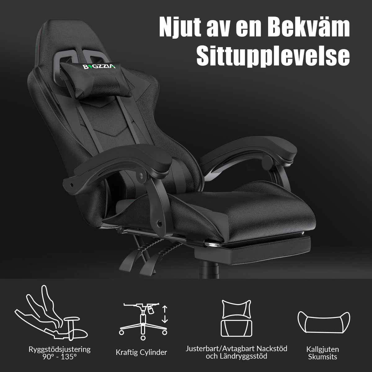 Ergonomisk Spelstol 135° Lutningsbar Snurrstol med Nackstöd, Fotstöd och Ländryggsstöd, Kontorsstol i PU-läder