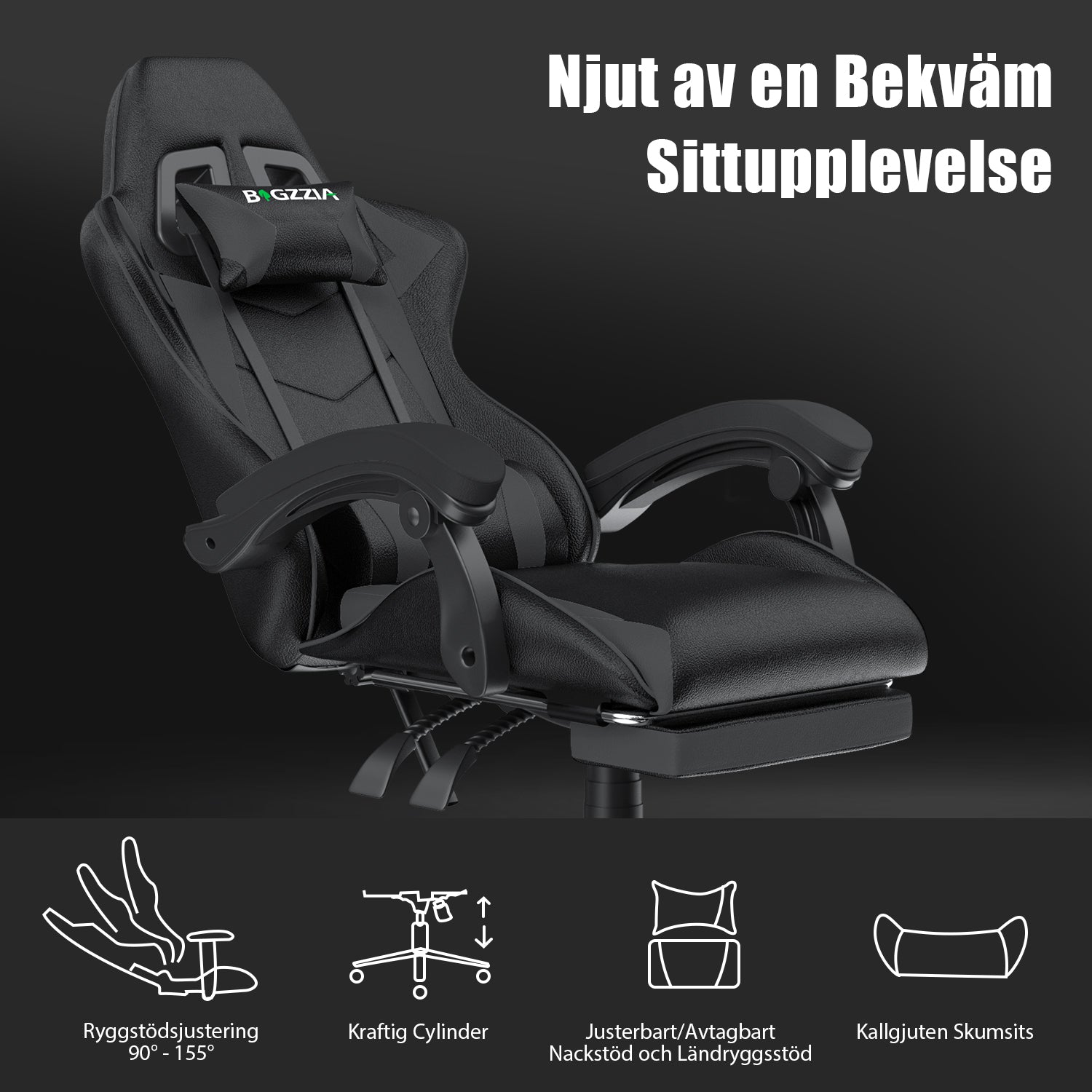 Ergonomisk Spelstol 155° Lutningsbar Snurrstol med Nackstöd, Ländryggsstöd PU-läder Kontorsstol