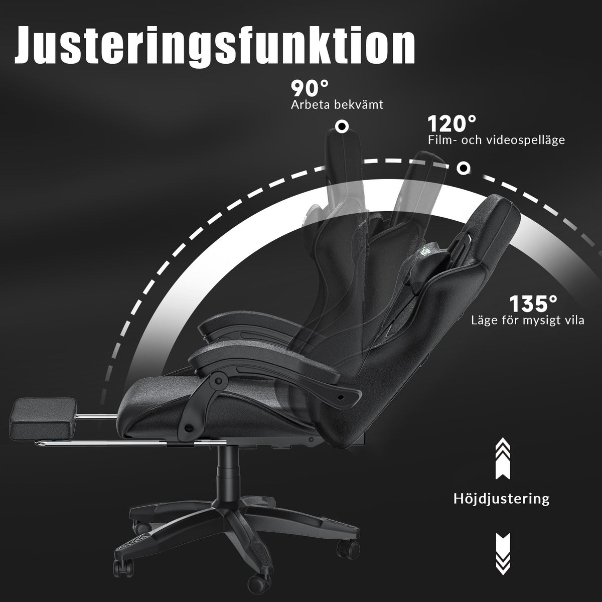 Ergonomisk Spelstol 135° Lutningsbar Snurrstol med Nackstöd, Fotstöd och Ländryggsstöd, Kontorsstol i PU-läder