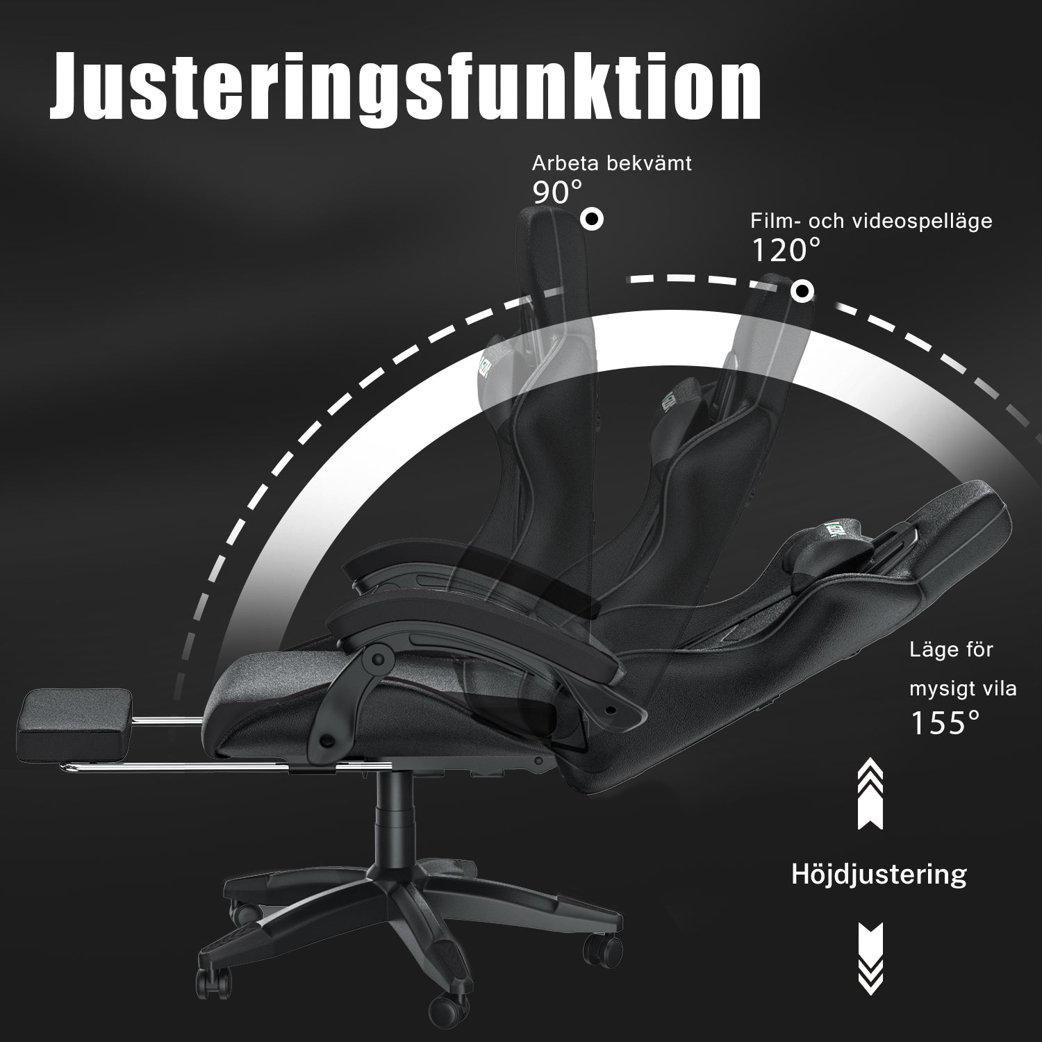 Ergonomisk Spelstol 155° Lutningsbar Snurrstol med Nackstöd, Ländryggsstöd PU-läder Kontorsstol