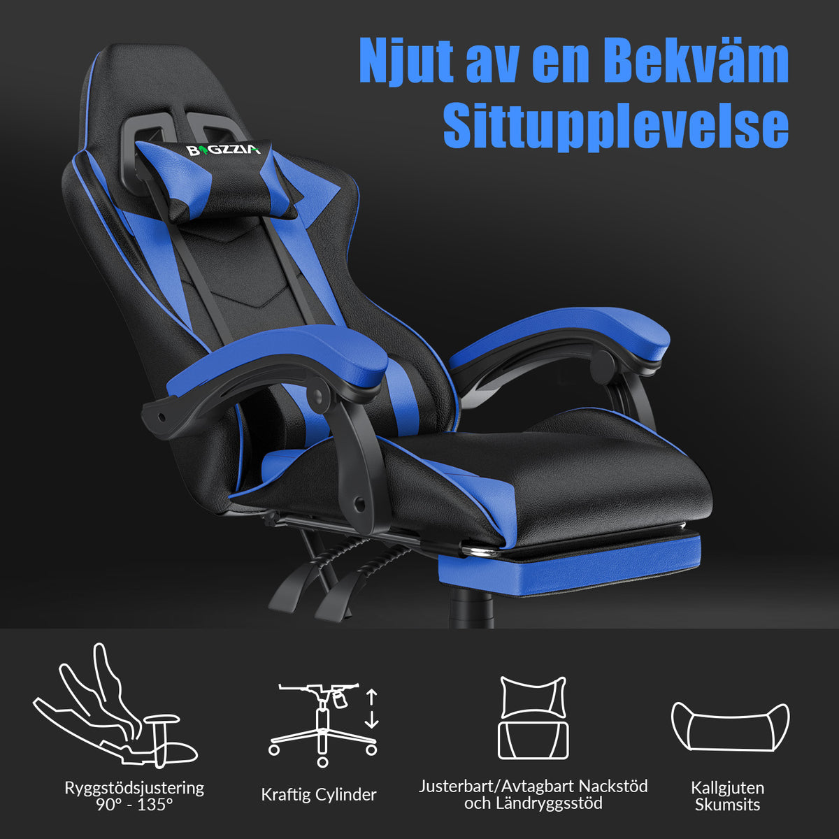 Ergonomisk Spelstol 135° Lutningsbar Snurrstol med Nackstöd, Fotstöd och Ländryggsstöd, Kontorsstol i PU-läder