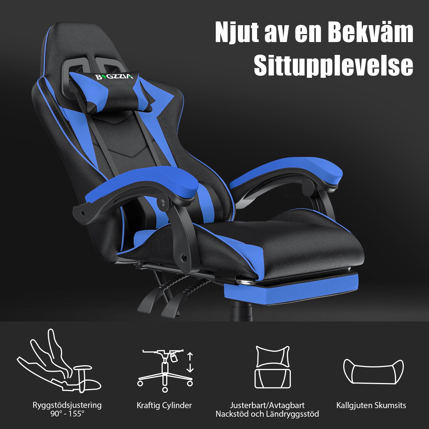 Ergonomisk Spelstol 155° Lutningsbar Snurrstol med Nackstöd, Ländryggsstöd PU-läder Kontorsstol
