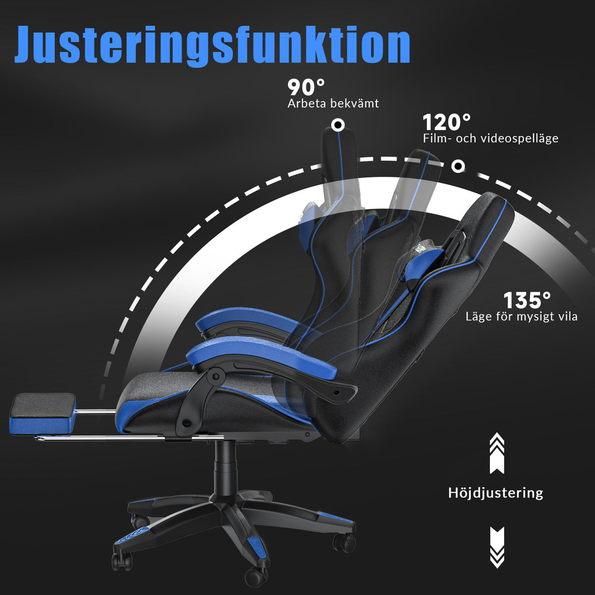 Ergonomisk Spelstol 135° Lutningsbar Snurrstol med Nackstöd, Fotstöd och Ländryggsstöd, Kontorsstol i PU-läder