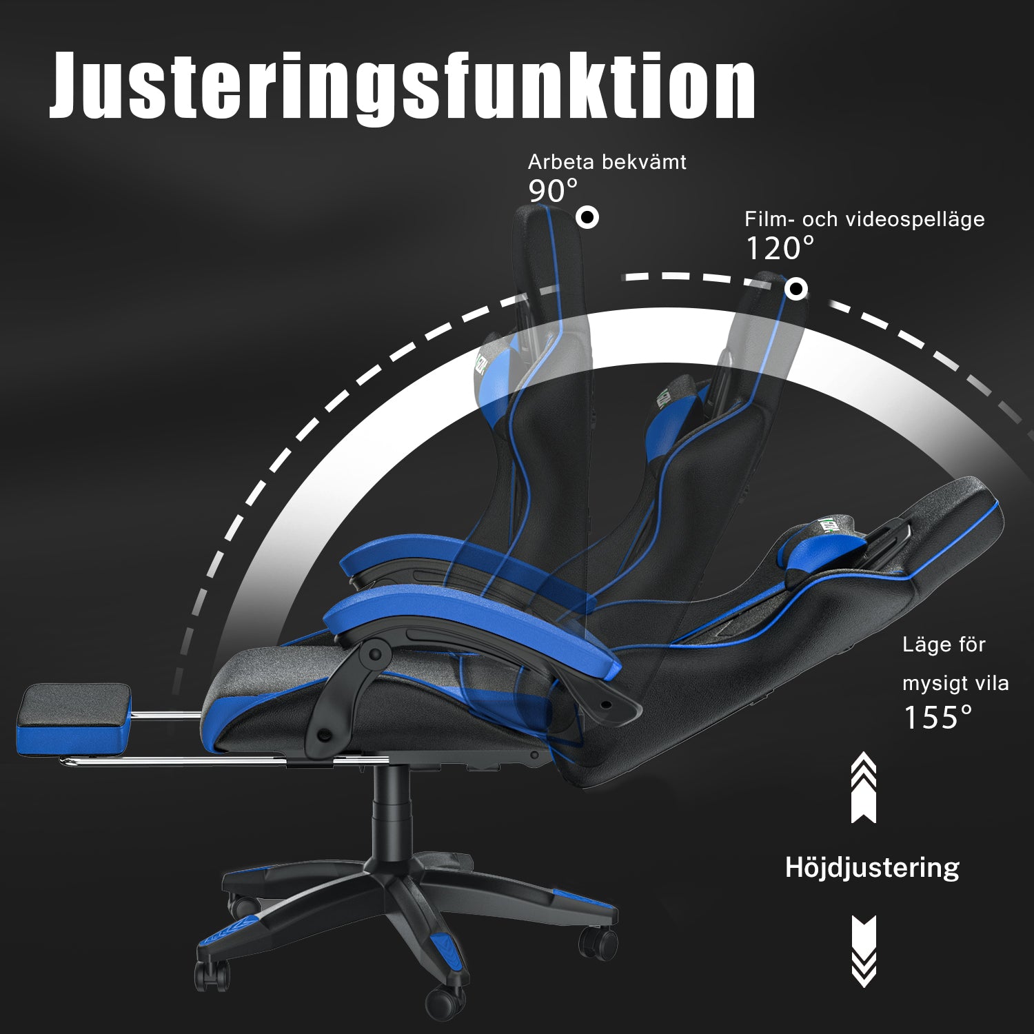 Ergonomisk Spelstol 155° Lutningsbar Snurrstol med Nackstöd, Ländryggsstöd PU-läder Kontorsstol