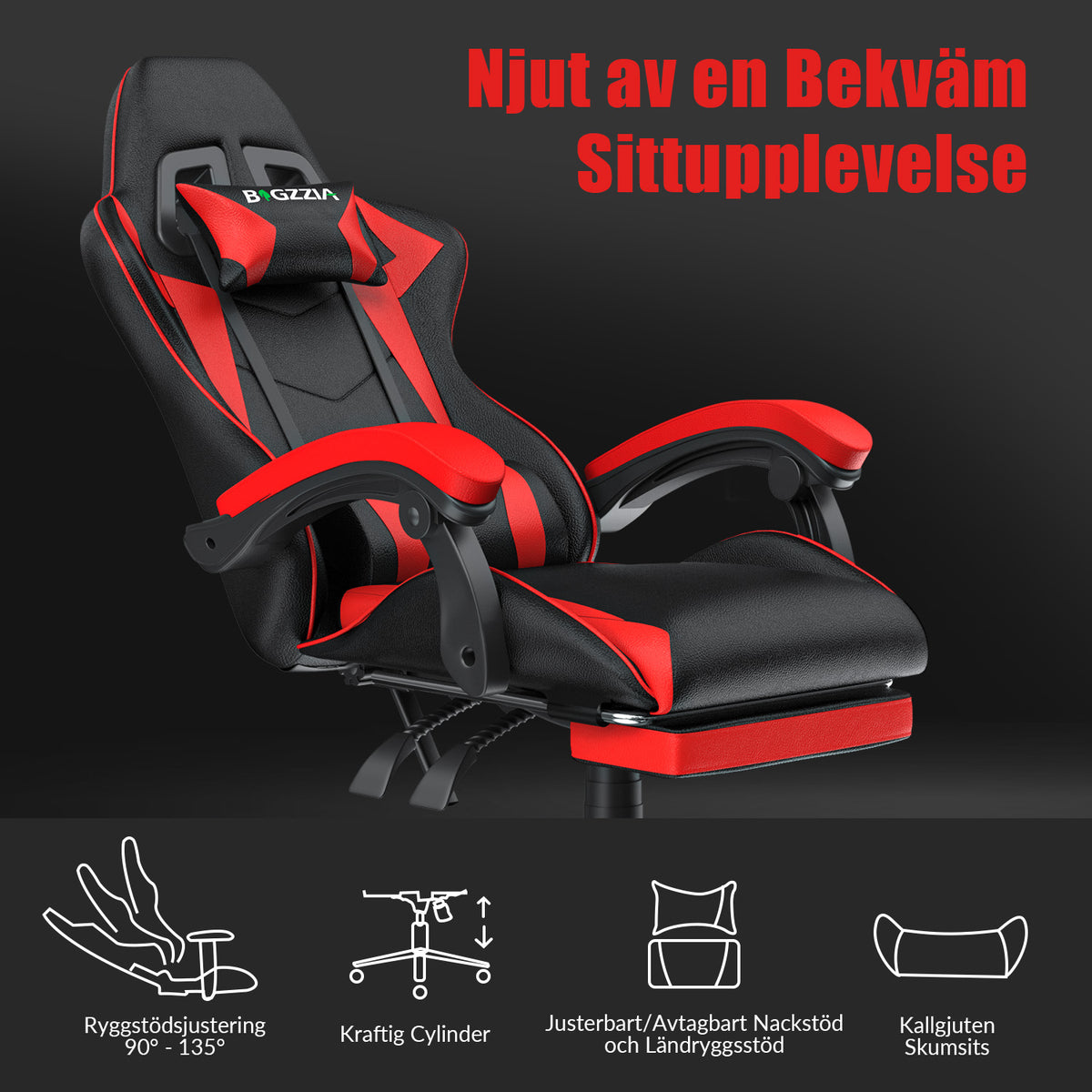 Ergonomisk Spelstol 135° Lutningsbar Snurrstol med Nackstöd, Fotstöd och Ländryggsstöd, Kontorsstol i PU-läder
