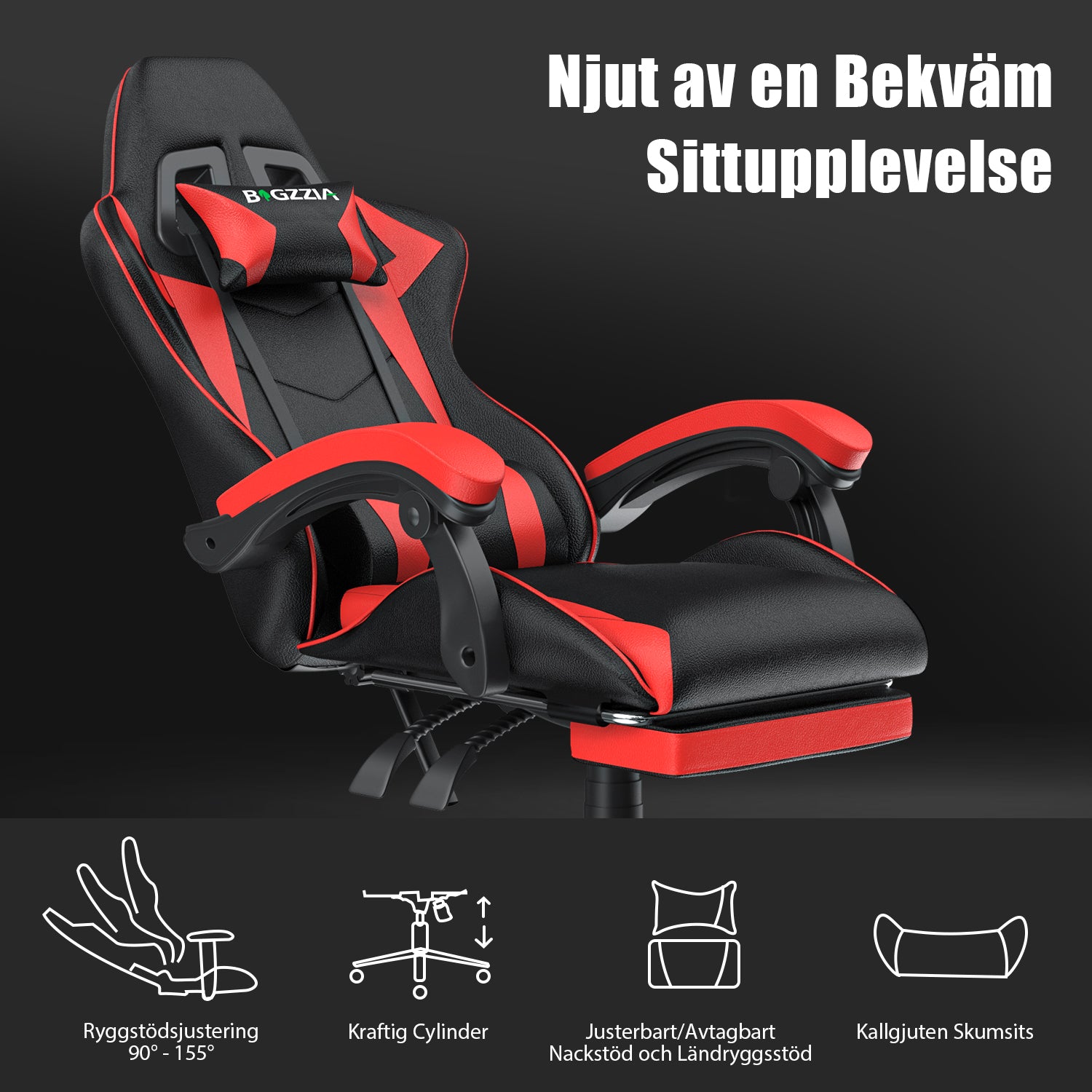 Ergonomisk Spelstol 155° Lutningsbar Snurrstol med Nackstöd, Ländryggsstöd PU-läder Kontorsstol