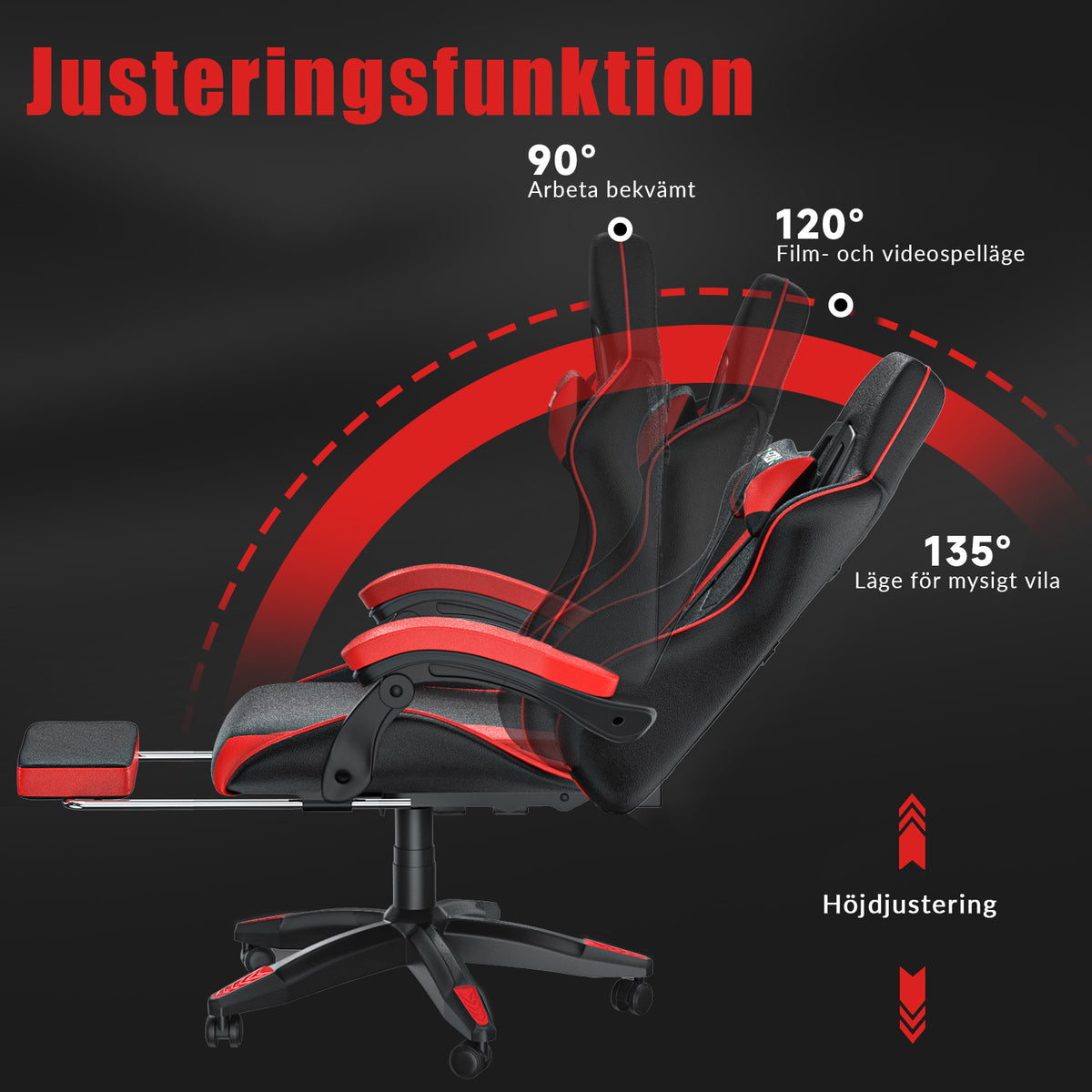 Ergonomisk Spelstol 135° Lutningsbar Snurrstol med Nackstöd, Fotstöd och Ländryggsstöd, Kontorsstol i PU-läder