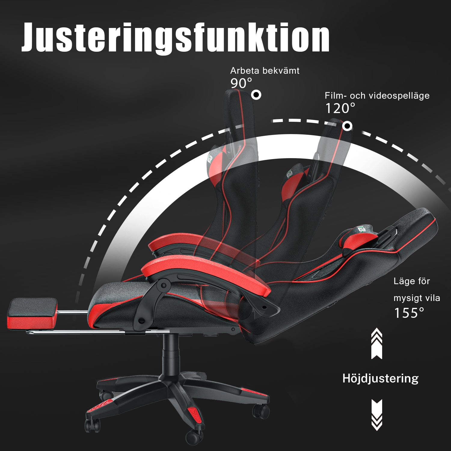 Ergonomisk Spelstol 155° Lutningsbar Snurrstol med Nackstöd, Ländryggsstöd PU-läder Kontorsstol
