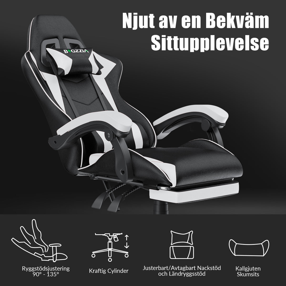 Ergonomisk Spelstol 135° Lutningsbar Snurrstol med Nackstöd, Fotstöd och Ländryggsstöd, Kontorsstol i PU-läder
