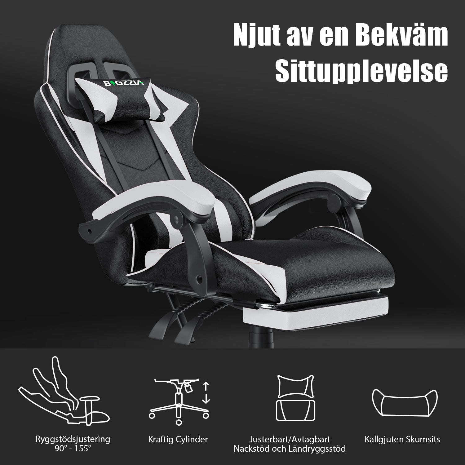 Ergonomisk Spelstol 155° Lutningsbar Snurrstol med Nackstöd, Ländryggsstöd PU-läder Kontorsstol