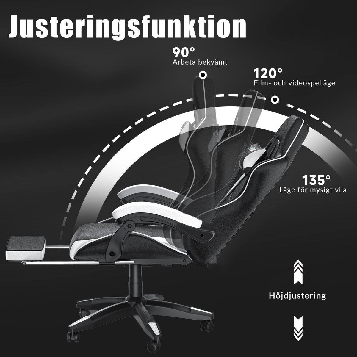 Ergonomisk Spelstol 135° Lutningsbar Snurrstol med Nackstöd, Fotstöd och Ländryggsstöd, Kontorsstol i PU-läder