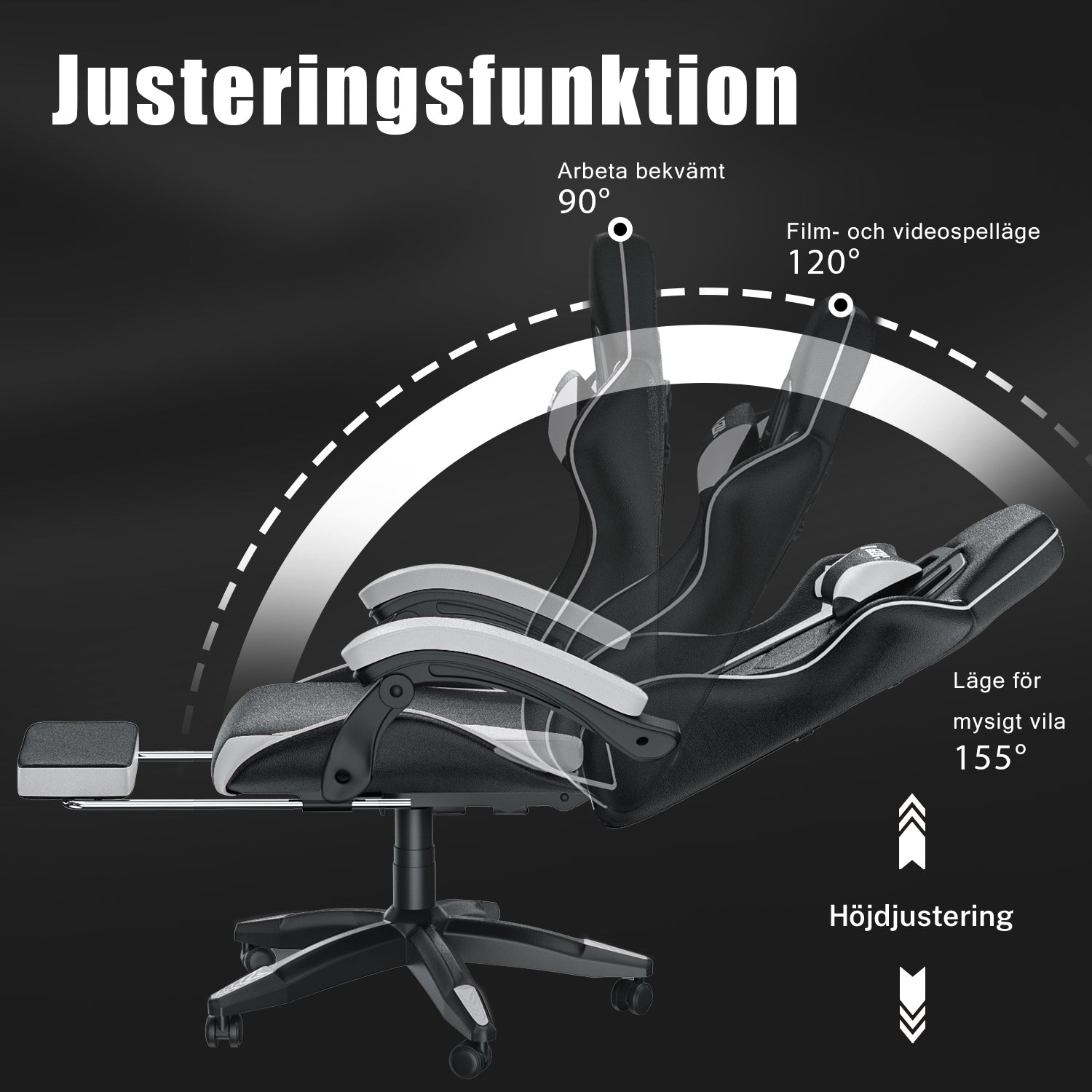 Ergonomisk Spelstol 155° Lutningsbar Snurrstol med Nackstöd, Ländryggsstöd PU-läder Kontorsstol