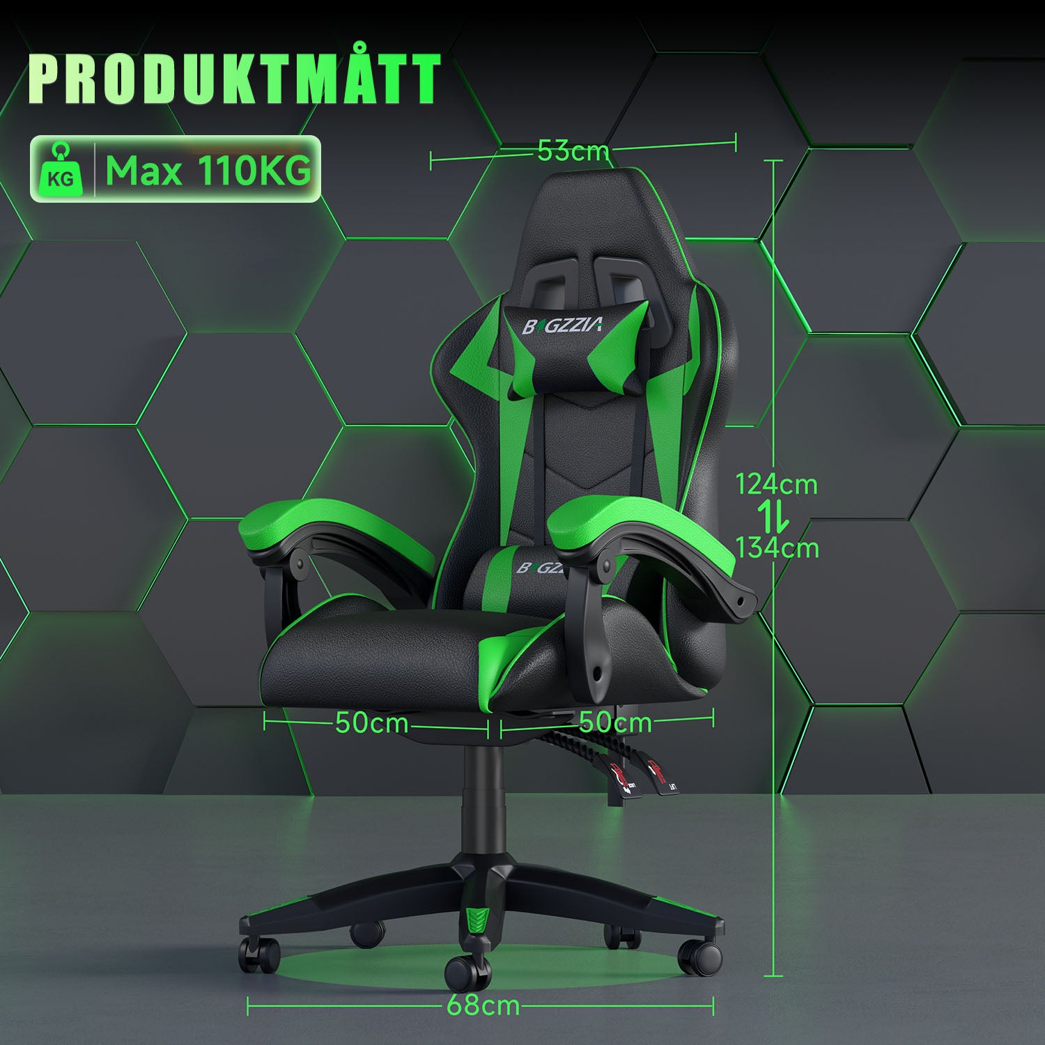 Ergonomisk Spelstol med Nackstöd och Ländkudde, Roterbar Kontorsstol i PU-läder för Hemmabruk