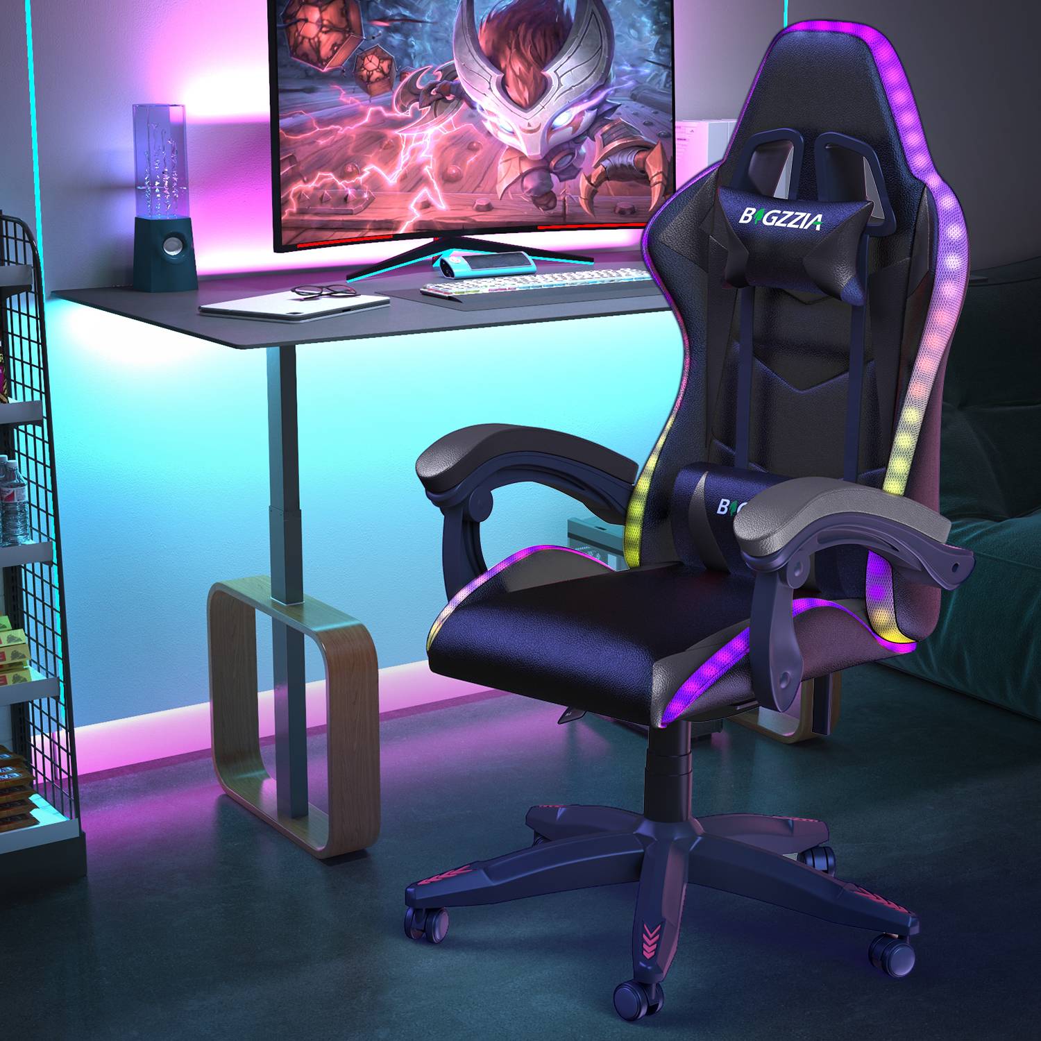 Ergonomisk Spelstol med RGB LED-lampor, Lutningsbar, Nackstöd och Ländryggsstöd i Racingstil