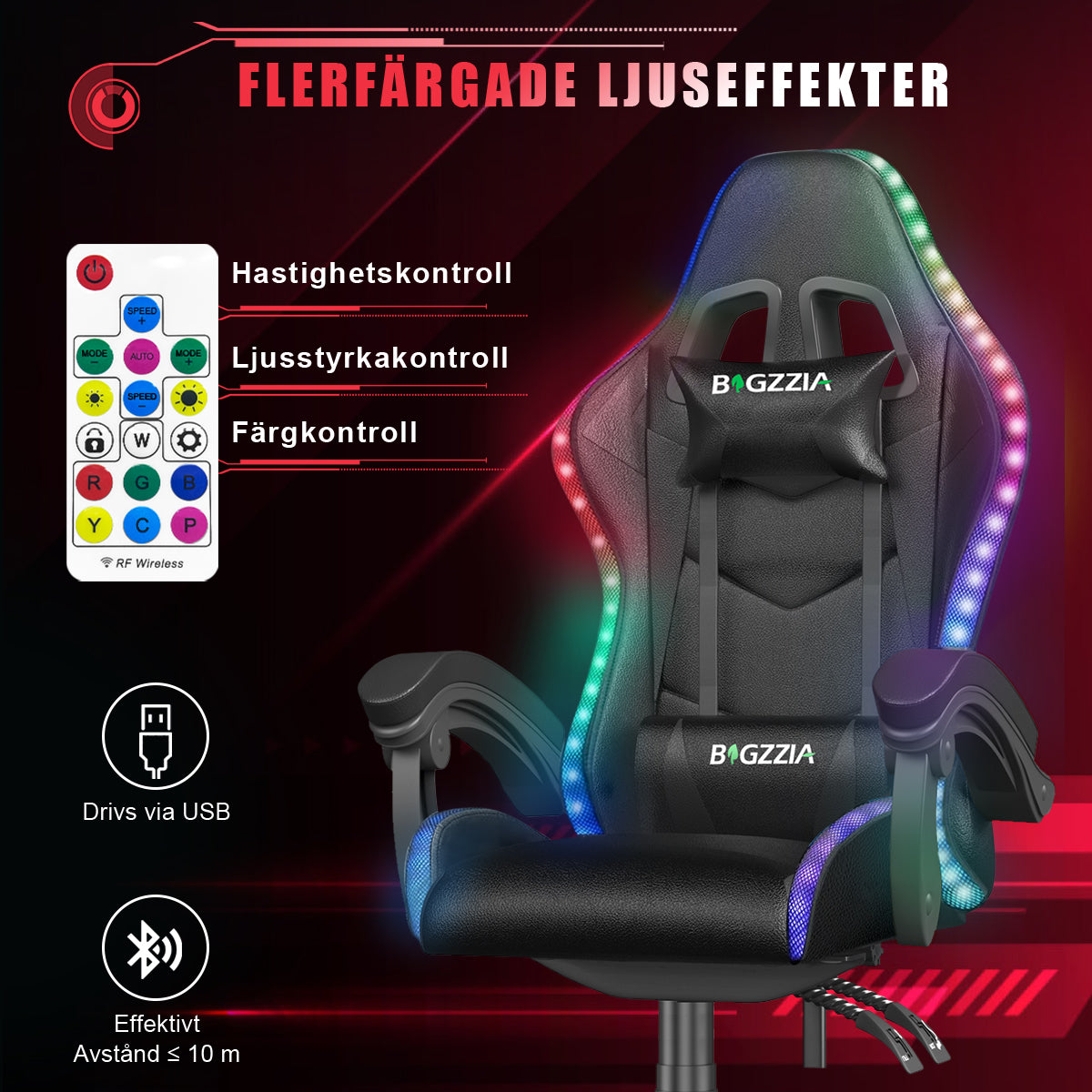 Ergonomisk Spelstol med RGB LED-lampor, Lutningsbar, Nackstöd och Ländryggsstöd i Racingstil