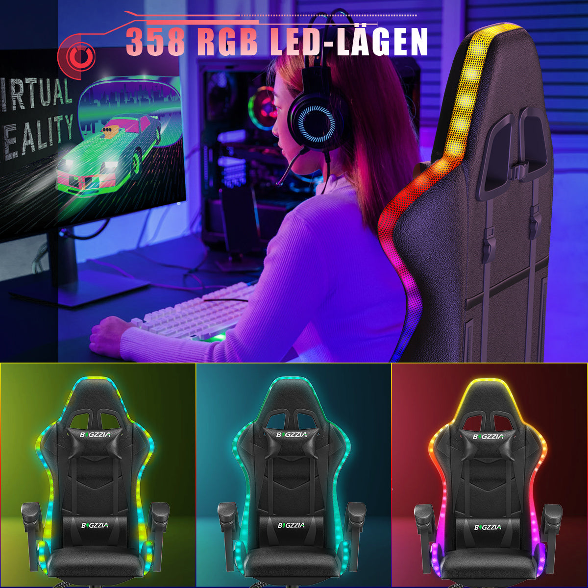 Ergonomisk Spelstol med RGB LED-lampor, Lutningsbar, Nackstöd och Ländryggsstöd i Racingstil