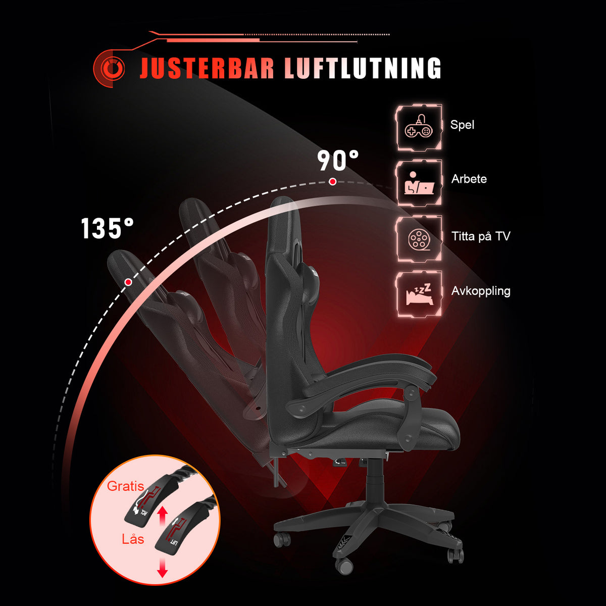Ergonomisk Spelstol med RGB LED-lampor, Lutningsbar, Nackstöd och Ländryggsstöd i Racingstil