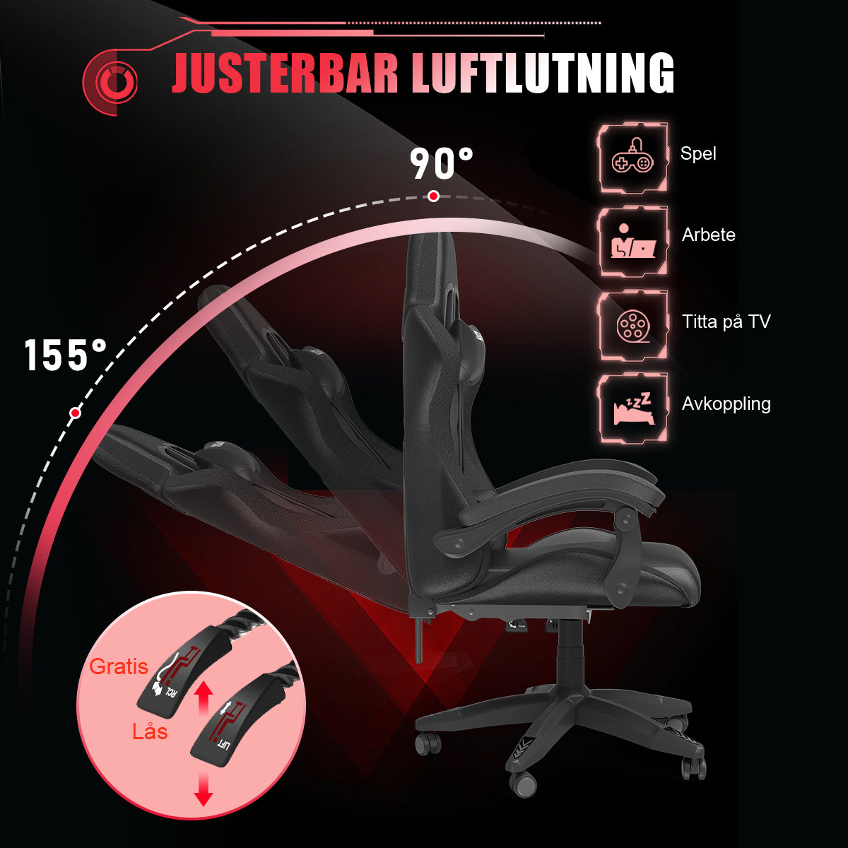 Ergonomisk Spelstol med RGB LED-lampor, Lutningsbar, Nackstöd och Ländryggsstöd i Racingstil
