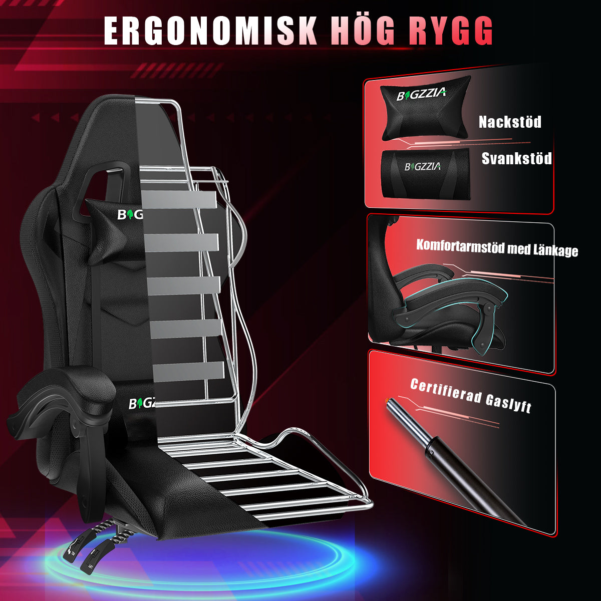 Ergonomisk Spelstol med RGB LED-lampor, Lutningsbar, Nackstöd och Ländryggsstöd i Racingstil
