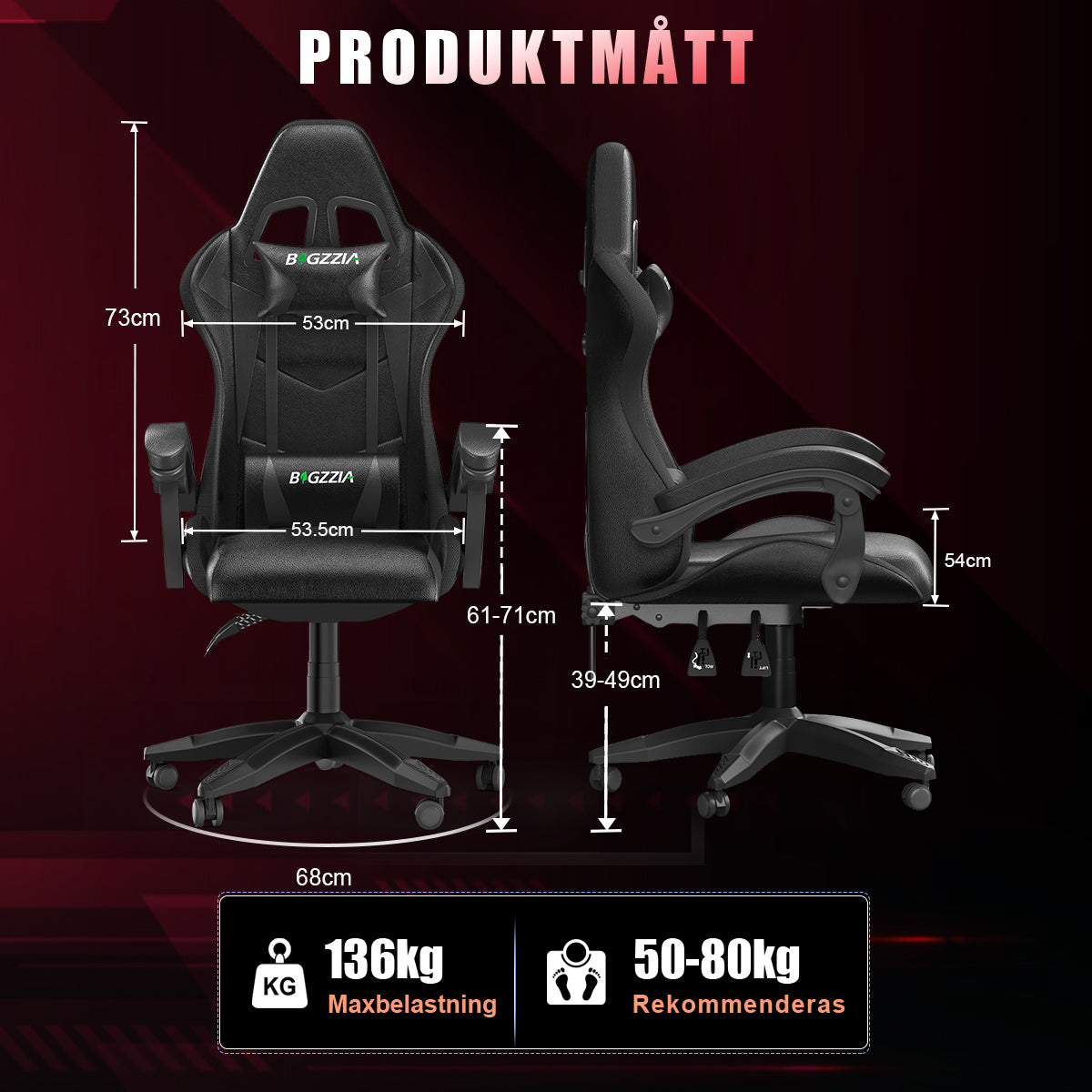 Ergonomisk Spelstol med RGB LED-lampor, Lutningsbar, Nackstöd och Ländryggsstöd i Racingstil