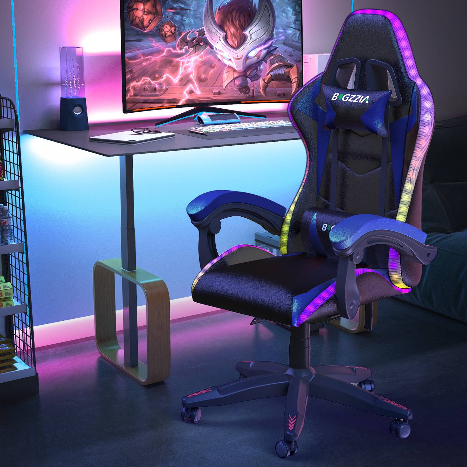 Ergonomisk Spelstol med RGB LED-lampor, Lutningsbar, Nackstöd och Ländryggsstöd i Racingstil