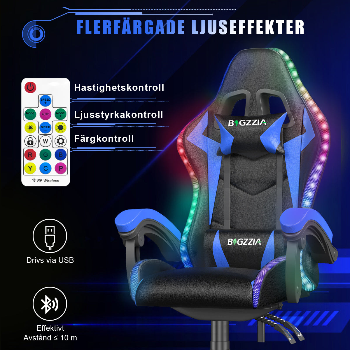 Ergonomisk Spelstol med RGB LED-lampor, Lutningsbar, Nackstöd och Ländryggsstöd i Racingstil