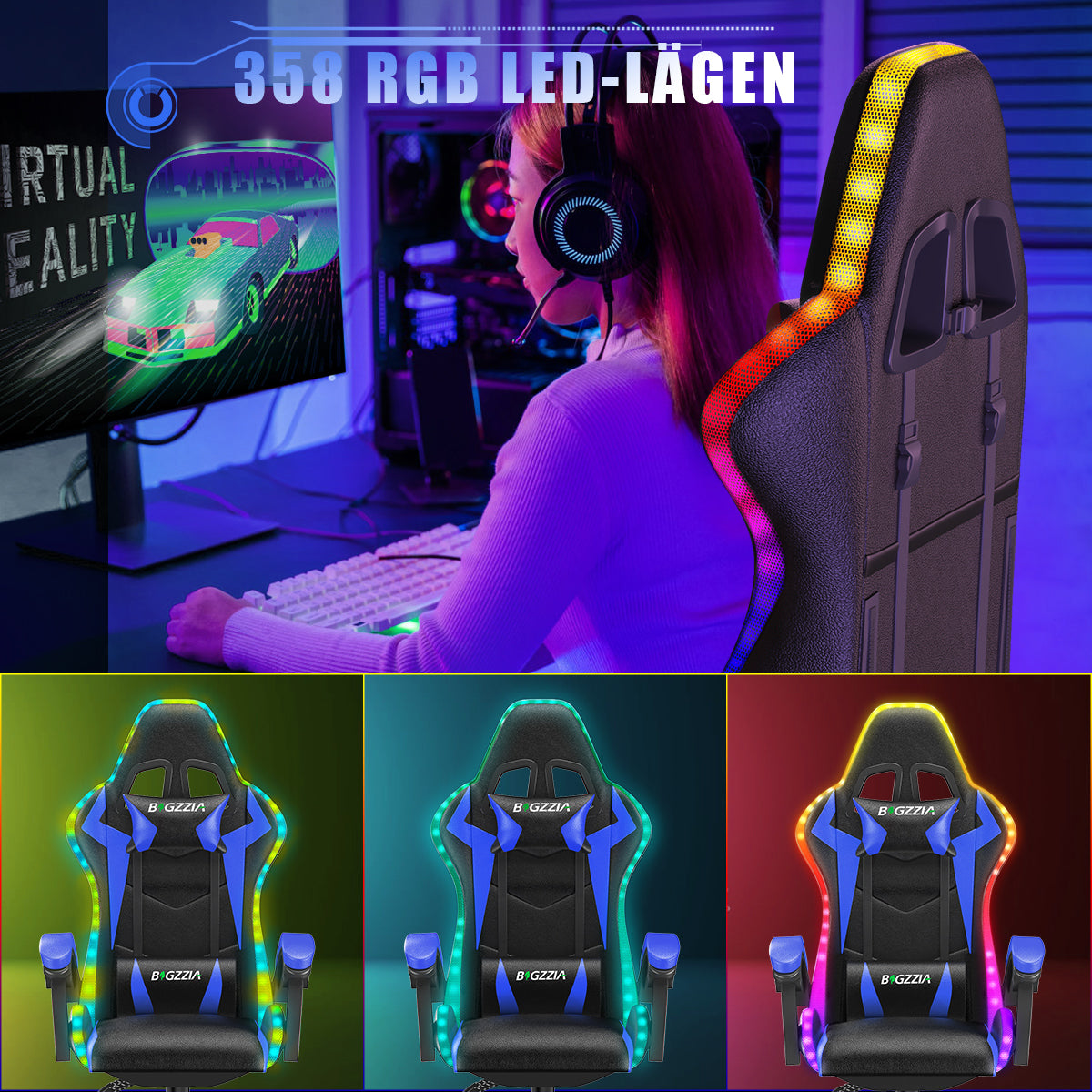 Ergonomisk Spelstol med RGB LED-lampor, Lutningsbar, Nackstöd och Ländryggsstöd i Racingstil