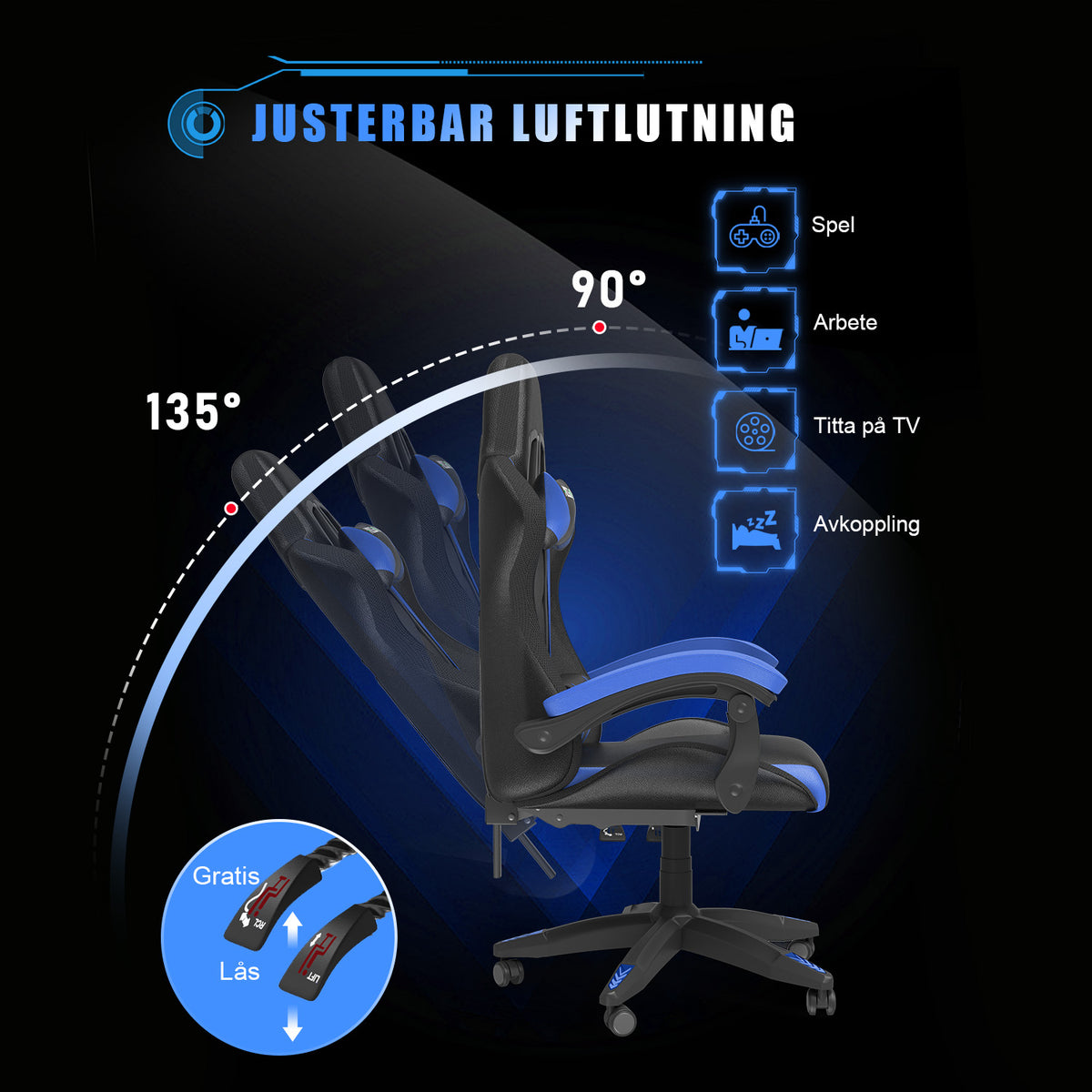 Ergonomisk Spelstol med RGB LED-lampor, Lutningsbar, Nackstöd och Ländryggsstöd i Racingstil