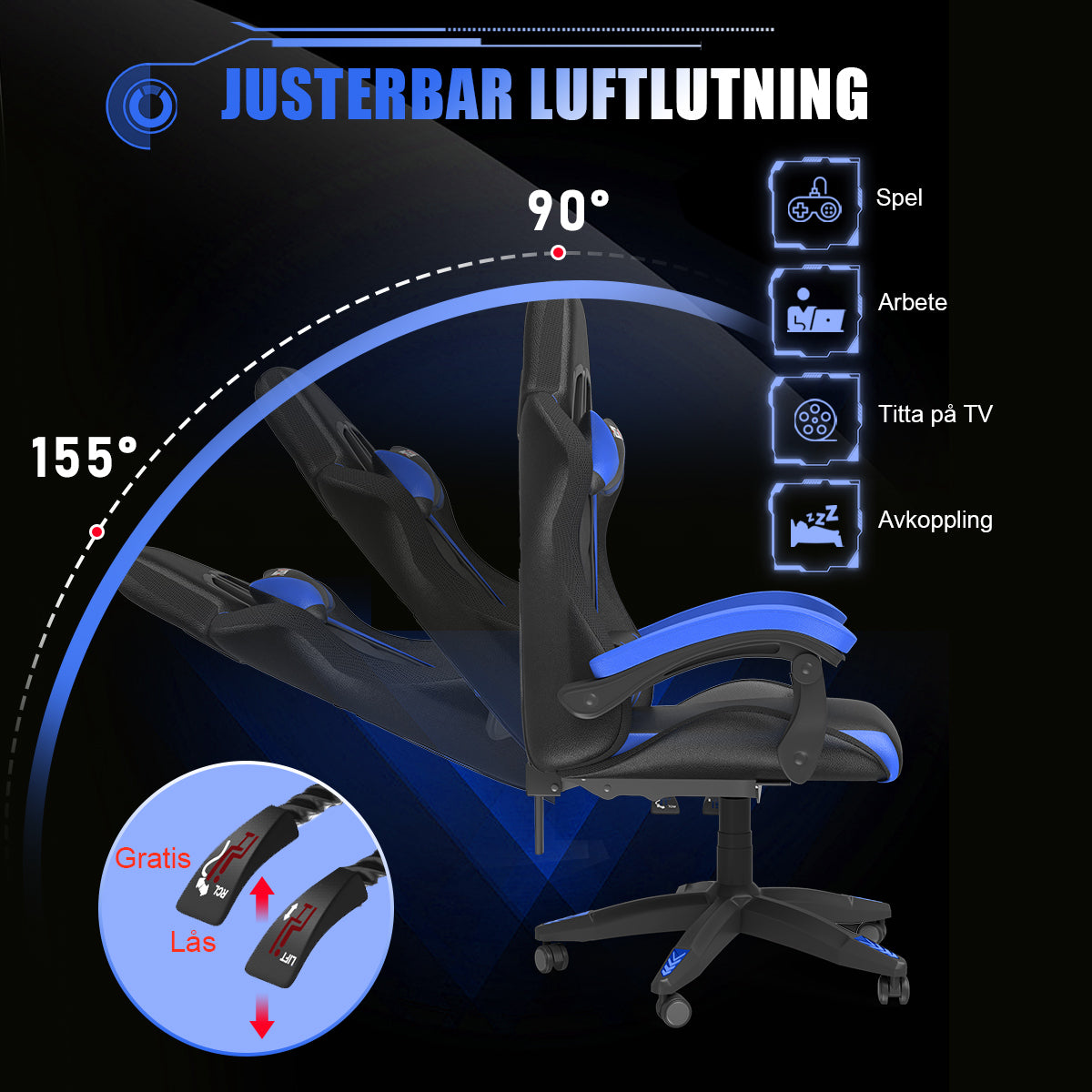 Ergonomisk Spelstol med RGB LED-lampor, Lutningsbar, Nackstöd och Ländryggsstöd i Racingstil