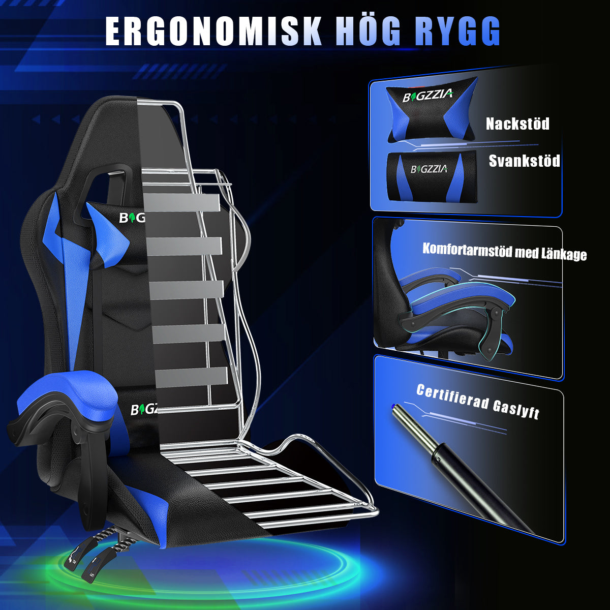 Ergonomisk Spelstol med RGB LED-lampor, Lutningsbar, Nackstöd och Ländryggsstöd i Racingstil