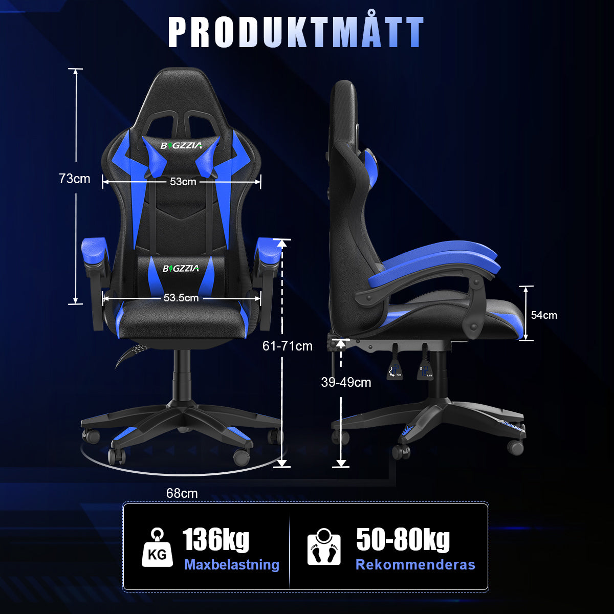 Ergonomisk Spelstol med RGB LED-lampor, Lutningsbar, Nackstöd och Ländryggsstöd i Racingstil