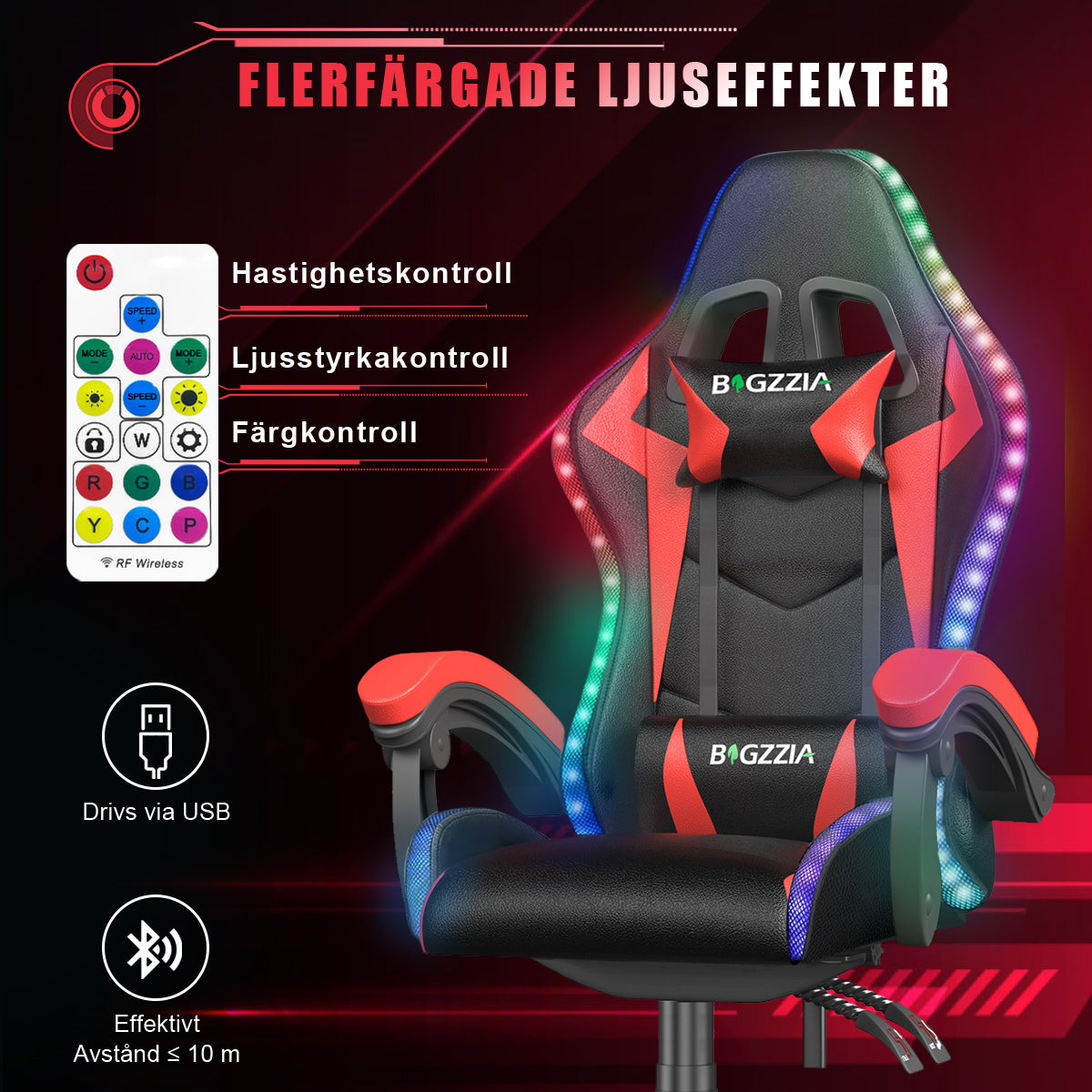 Ergonomisk Spelstol med RGB LED-lampor, Lutningsbar, Nackstöd och Ländryggsstöd i Racingstil