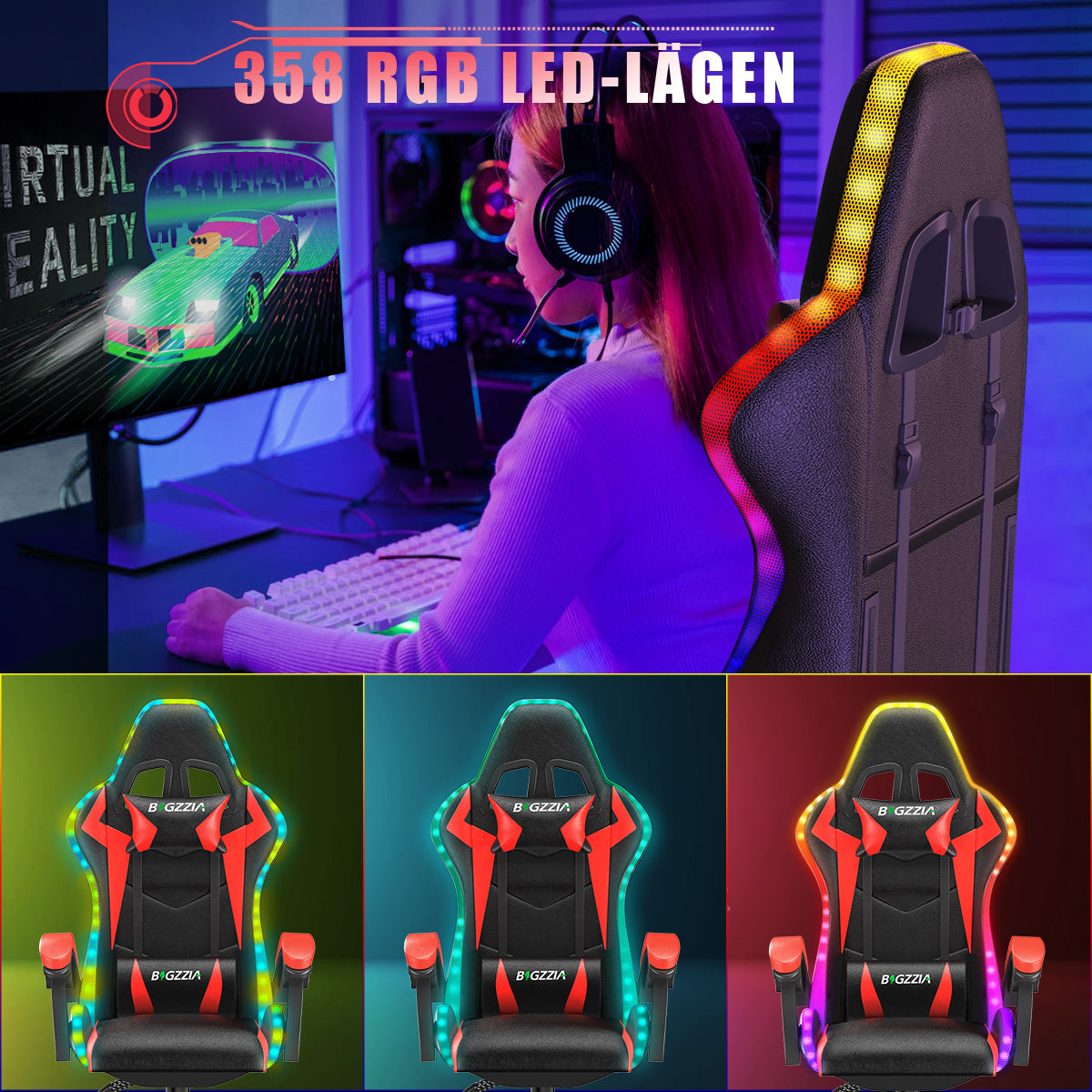 Ergonomisk Spelstol med RGB LED-lampor, Lutningsbar, Nackstöd och Ländryggsstöd i Racingstil