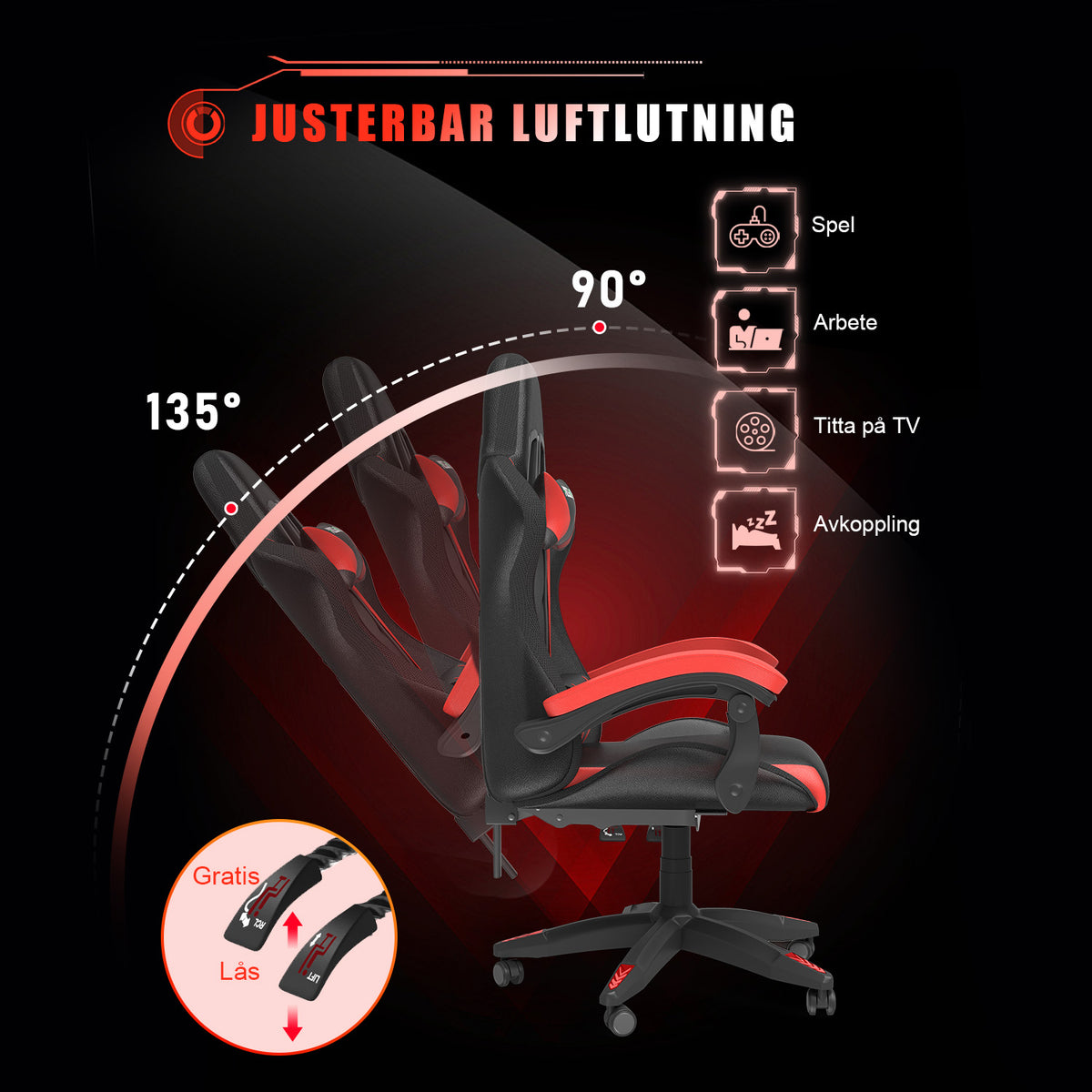 Ergonomisk Spelstol med RGB LED-lampor, Lutningsbar, Nackstöd och Ländryggsstöd i Racingstil