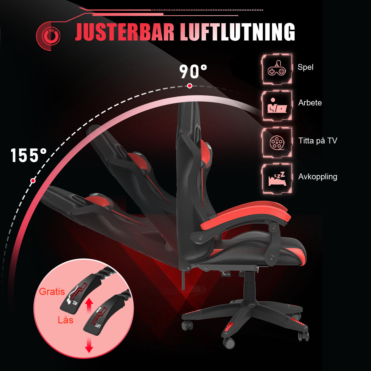 Ergonomisk Spelstol med RGB LED-lampor, Lutningsbar, Nackstöd och Ländryggsstöd i Racingstil