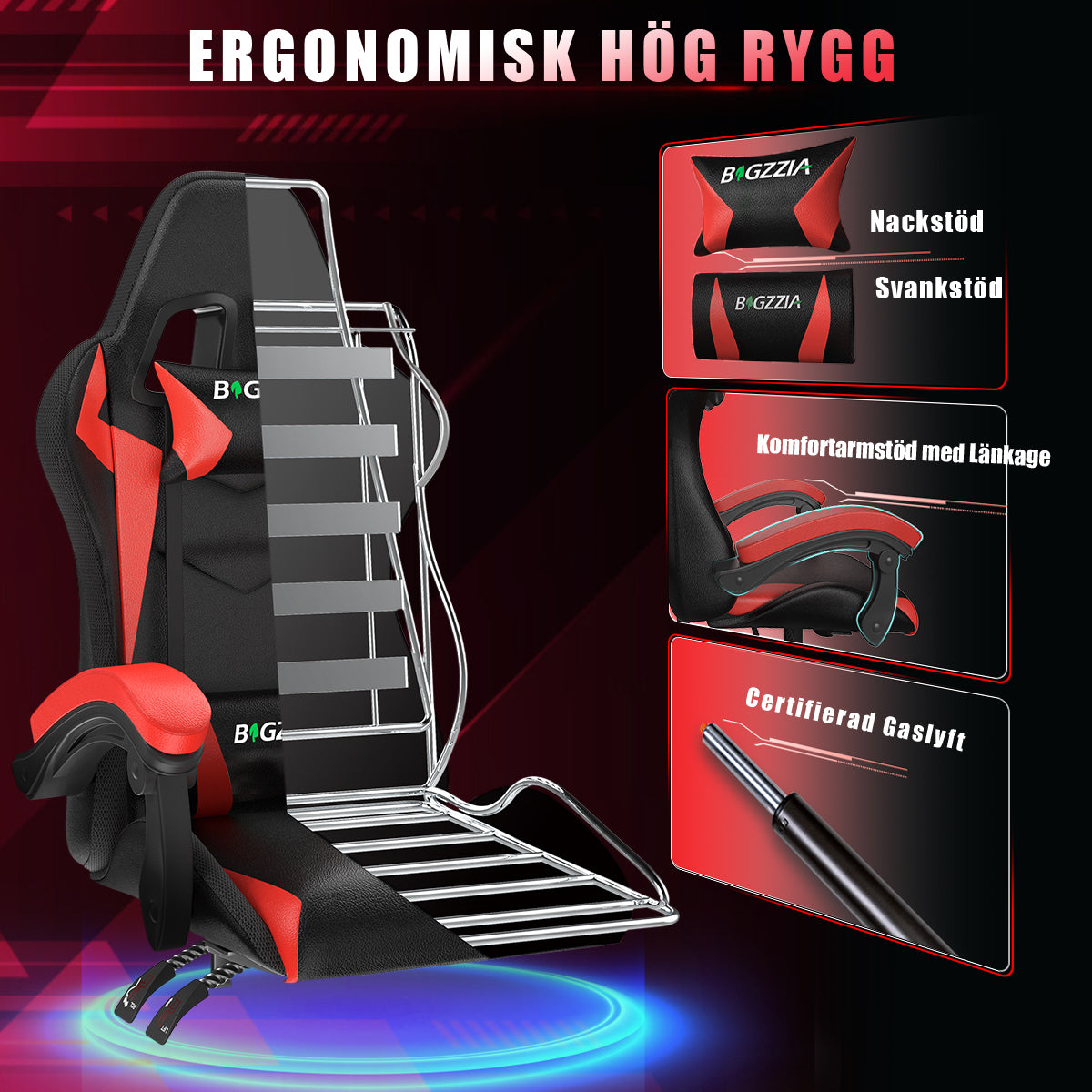 Ergonomisk Spelstol med RGB LED-lampor, Lutningsbar, Nackstöd och Ländryggsstöd i Racingstil