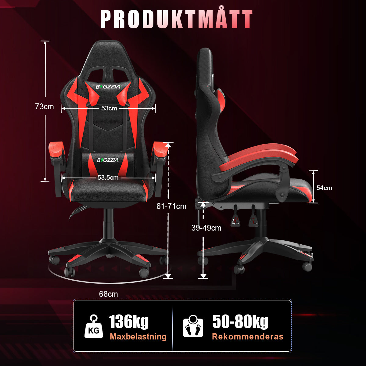 Ergonomisk Spelstol med RGB LED-lampor, Lutningsbar, Nackstöd och Ländryggsstöd i Racingstil