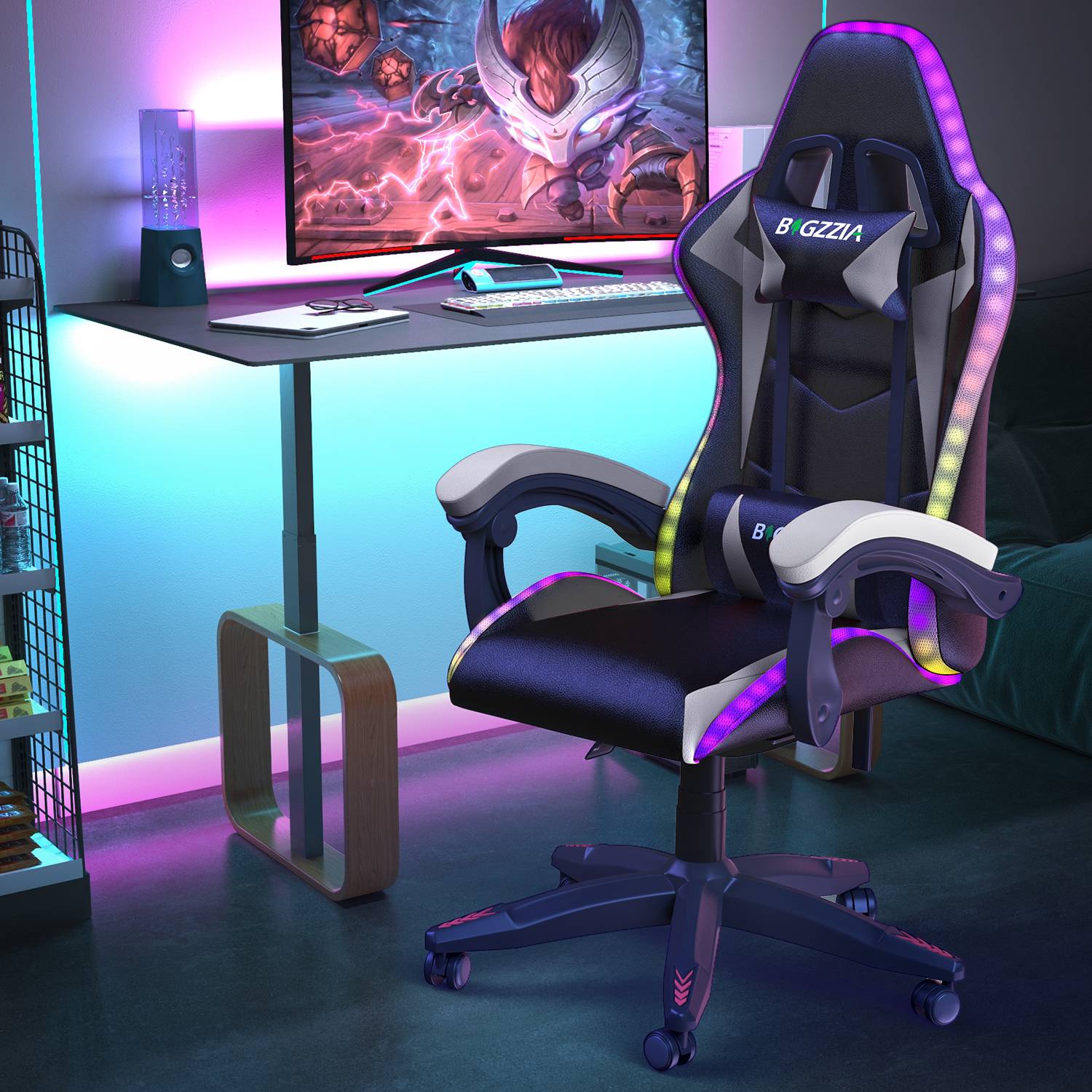 Ergonomisk Spelstol med RGB LED-lampor, Lutningsbar, Nackstöd och Ländryggsstöd i Racingstil