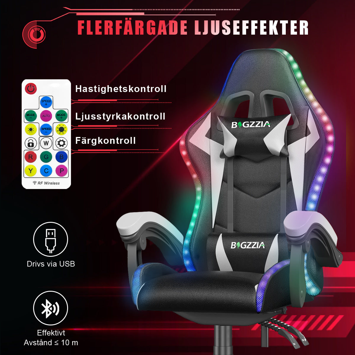 Ergonomisk Spelstol med RGB LED-lampor, Lutningsbar, Nackstöd och Ländryggsstöd i Racingstil