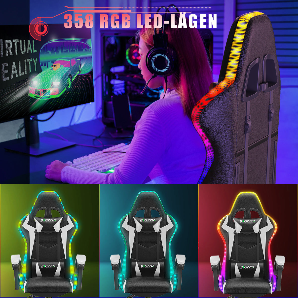 Ergonomisk Spelstol med RGB LED-lampor, Lutningsbar, Nackstöd och Ländryggsstöd i Racingstil