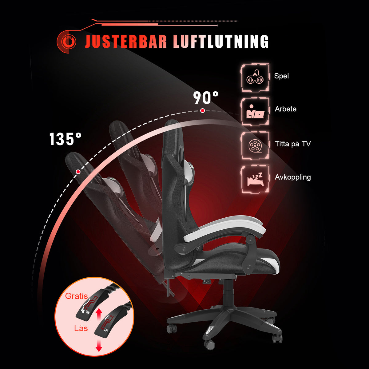 Ergonomisk Spelstol med RGB LED-lampor, Lutningsbar, Nackstöd och Ländryggsstöd i Racingstil