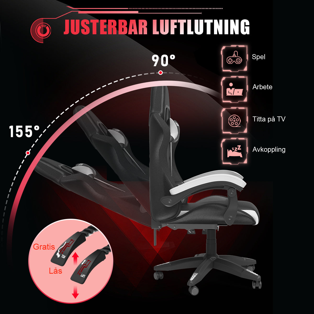 Ergonomisk Spelstol med RGB LED-lampor, Lutningsbar, Nackstöd och Ländryggsstöd i Racingstil