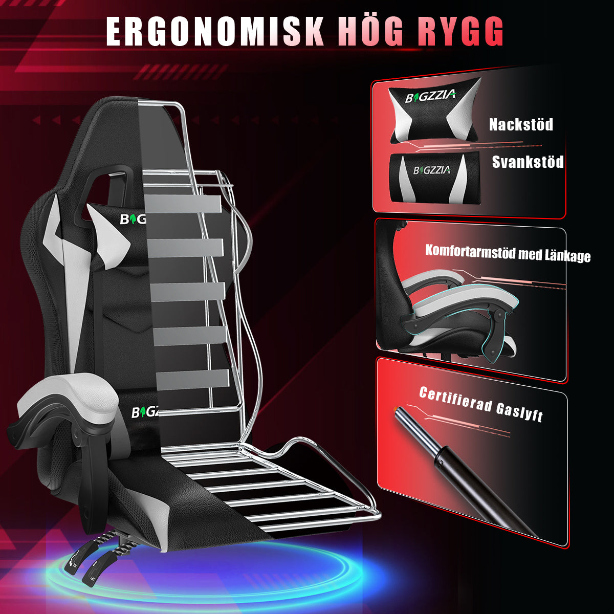 Ergonomisk Spelstol med RGB LED-lampor, Lutningsbar, Nackstöd och Ländryggsstöd i Racingstil
