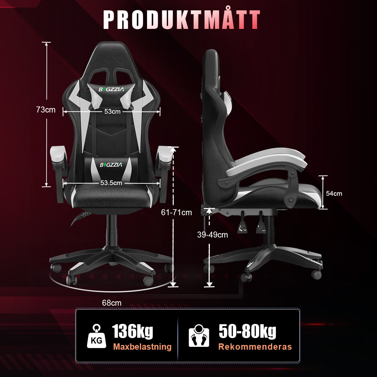 Ergonomisk Spelstol med RGB LED-lampor, Lutningsbar, Nackstöd och Ländryggsstöd i Racingstil