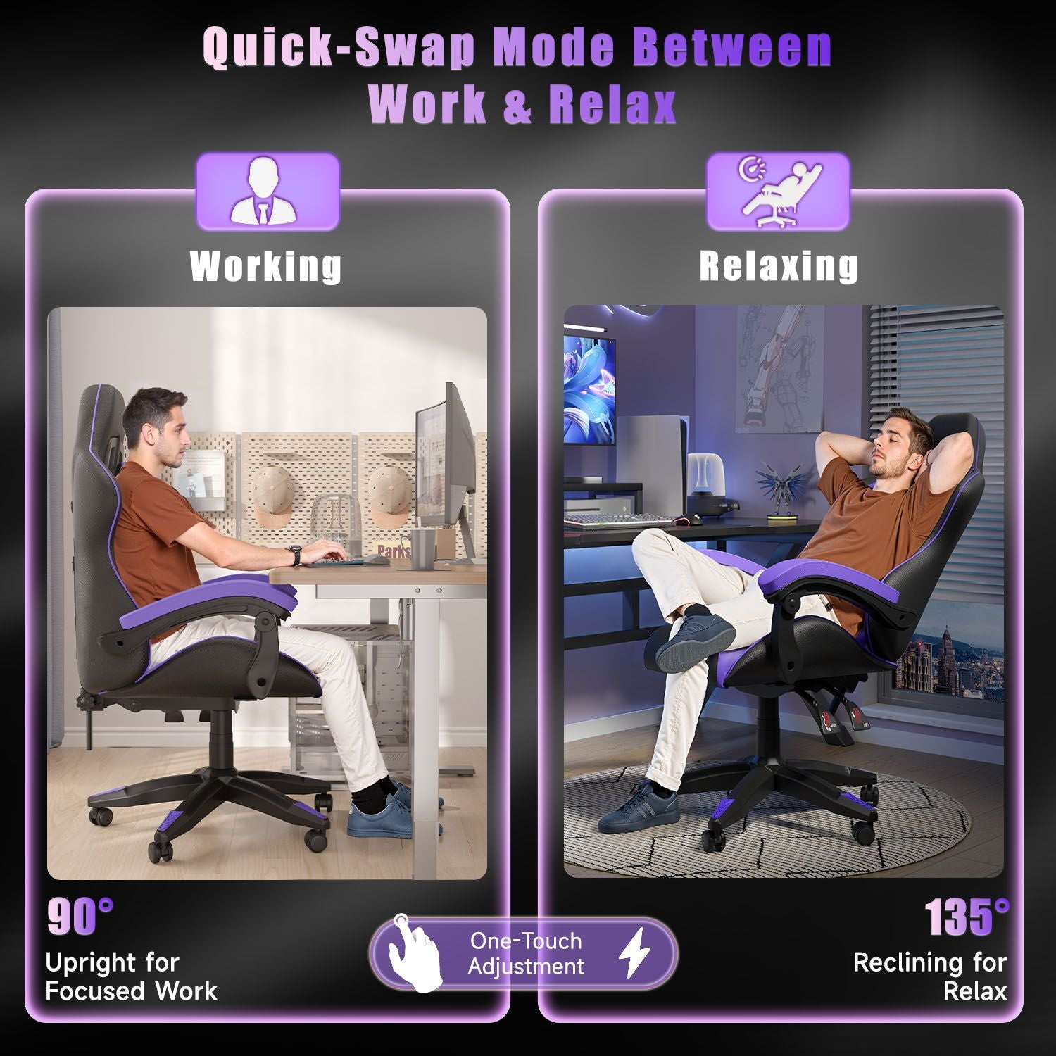 Ergonomisk Spelstol med Nackstöd och Ländkudde, Roterbar Kontorsstol i PU-läder för Hemmabruk