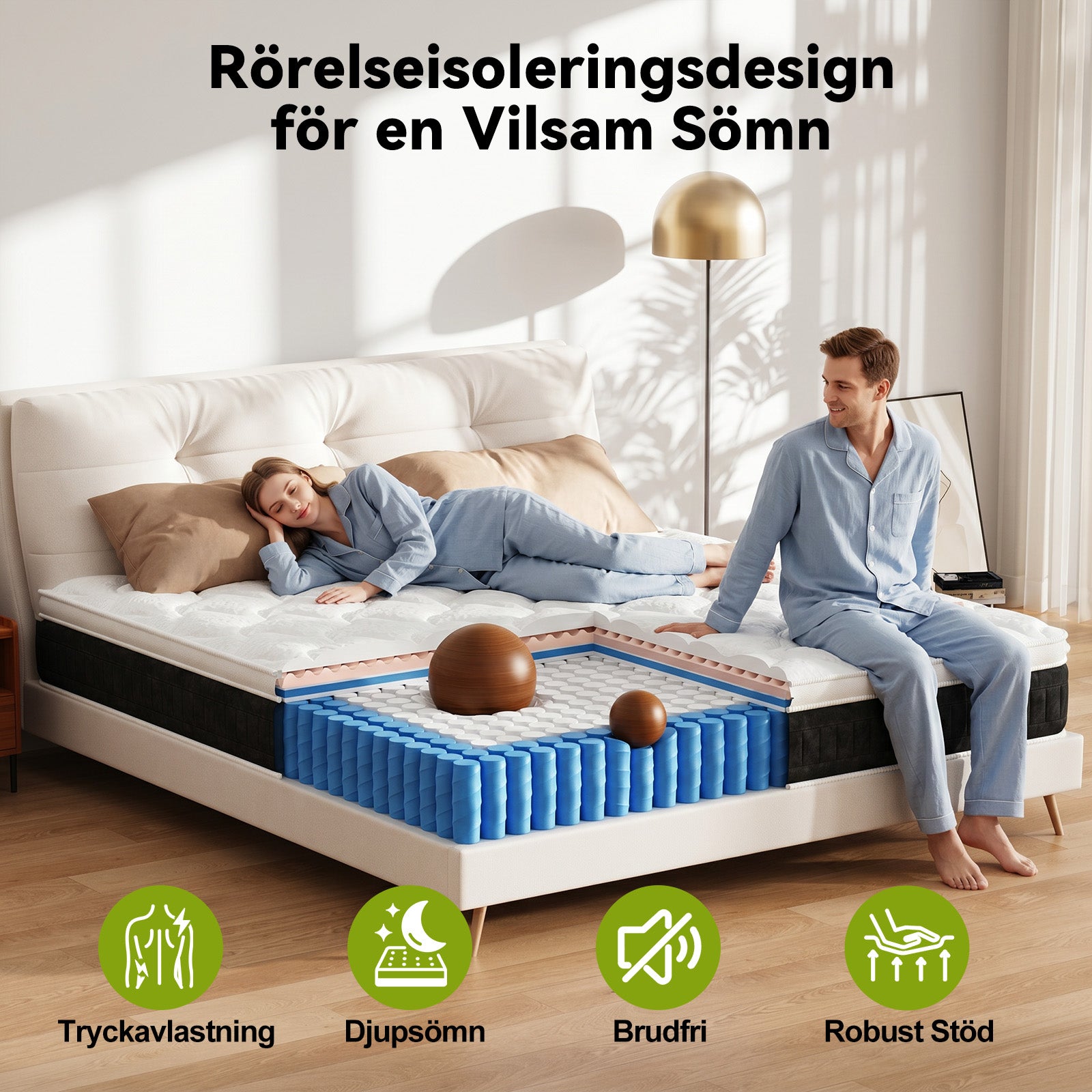 Fickfjädermadrass med Minneskum, 25 cm Hybridmadrass, Medelhård, Kantstöd