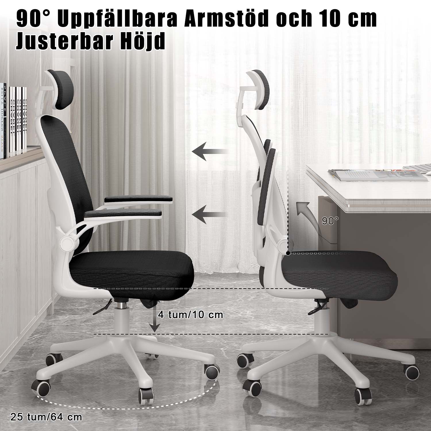 Kontorsstol Ergonomisk Skrivbordsstol, Vridbar Datorstol med Vadderad Sittdyna för Hem/Kontor, Maxbelastning 150kg