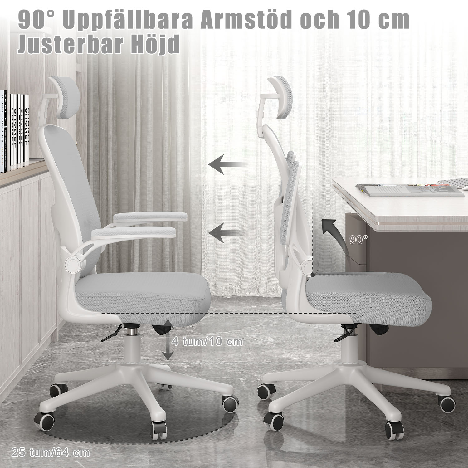 Kontorsstol Ergonomisk Skrivbordsstol, Vridbar Datorstol med Vadderad Sittdyna för Hem/Kontor, Maxbelastning 150kg