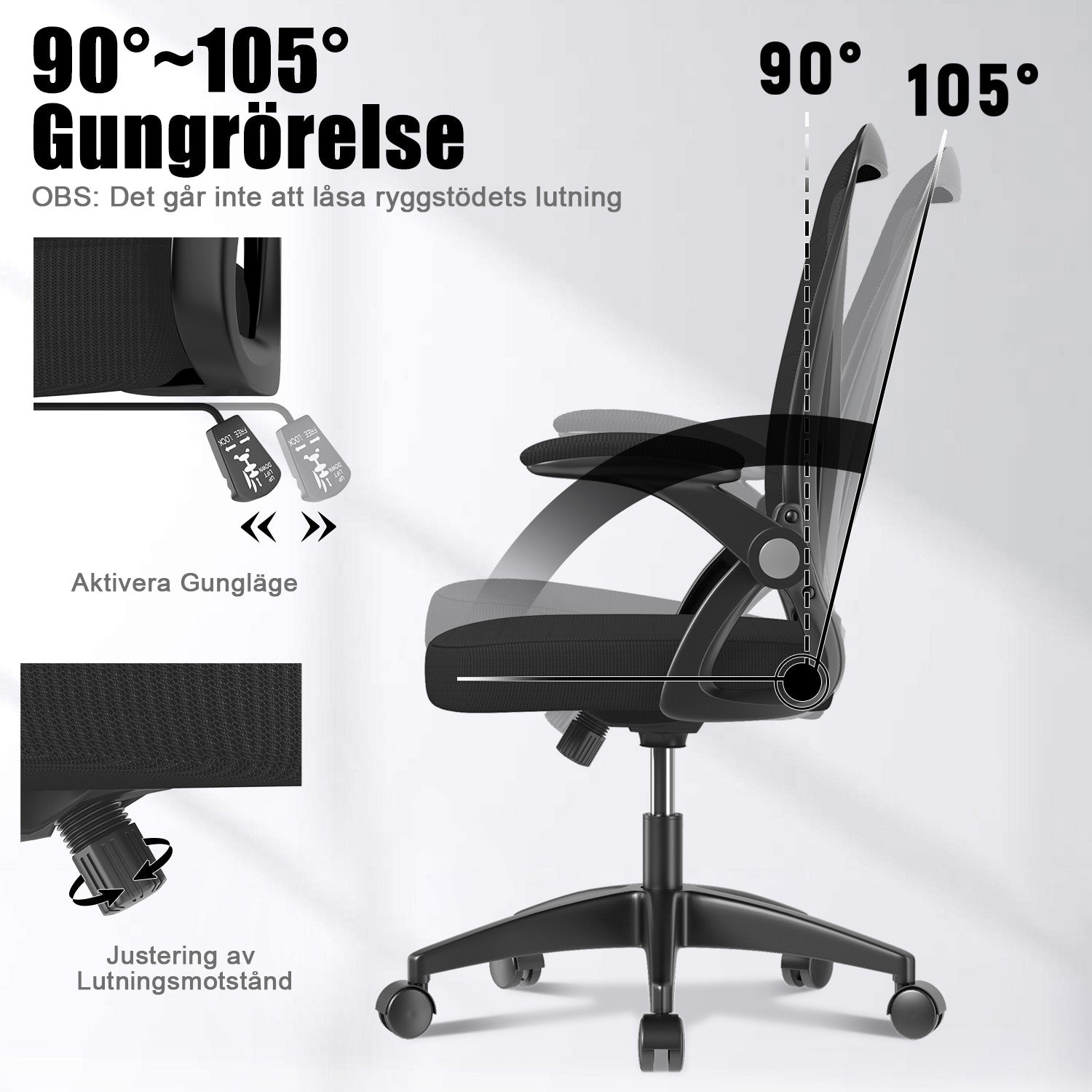 Kontorsstol Ergonomisk Skrivbordsstol med 90° Uppfällbart Armstöd, Höjdjusterbar Kontorsbordsstol