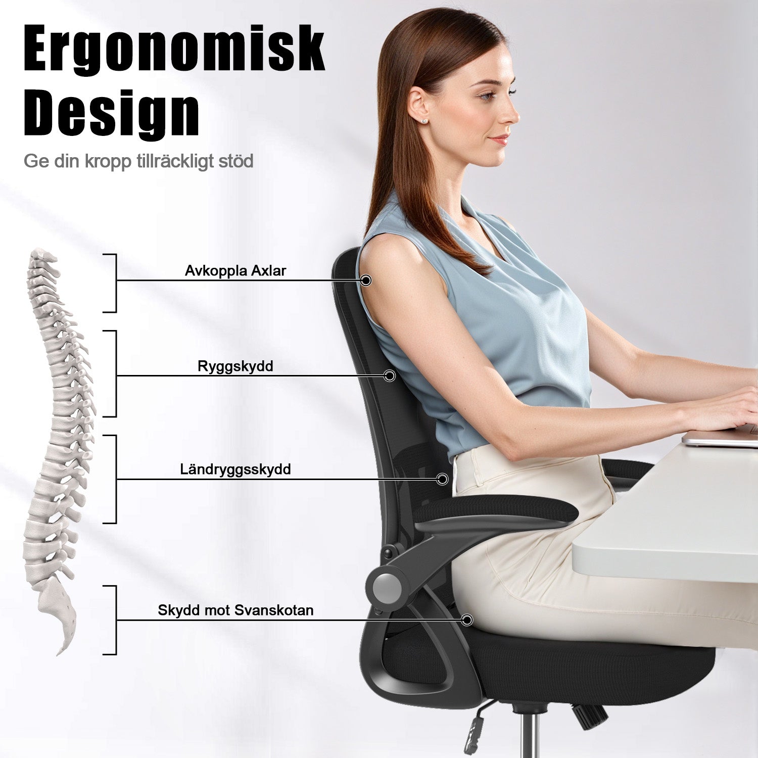 Kontorsstol Ergonomisk Skrivbordsstol med 90° Uppfällbart Armstöd, Höjdjusterbar Kontorsbordsstol